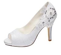 Emily Bridal Brautschuhe Spitze Hochzeitsschuhe Spitze Peep Toe High Heel Brautschuhe (EU39, Weiß)