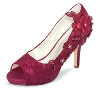 Emily Bridal Brautschuhe Spitze Hochzeitsschuhe Spitze Peep Toe High Heel Brautschuhe (EU40, Burgund)
