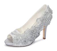 Emily Bridal Brautschuhe Spitze Hochzeitsschuhe Spitze Peep Toe High Heel Brautschuhe (EU41, Silber)