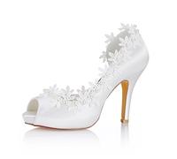 Emily Bridal Hochzeit Schuhe Seide Peep Toe Lace Detail Brautschuhe Frauen High Heels, 37 EU, Elfenbein