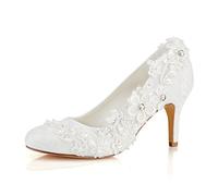 Emily Bridal Hochzeitsschuhe Damen Seide wie Satin Stöckel Absatz Pumps mit Stitching Spitze Blume Crystal Pearl, Elfenbein, 41 EU (7.5 UK)