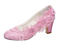 Emily Bridal Hochzeitsschuhe Damen Seidenähnliche Satin Chunky Heel Pumps mit Naht Spitze Blume Kristall Perle, Rose, 40 EU