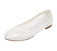 Emily Bridal Spitze Hochzeit Schuhe Flache Elfenbein Pumpen Runde Slip-on Brautschuhe (EU42, Elfenbein)