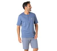 Eminence - Kurzer Schlafanzug für Herren Interlock - 100% Baumwolle - kurzärmeliges T-Shirt mit T-Kragen + Shorts mit 2 Taschen - Öko-TEX® Standard 100, Chinablau/Weiß, XXL