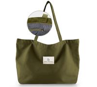 Emma Jonasson Shopper Tasche Damen groß - Großer Jutebeutel mit Reißverschluss und Innentasche - Aesthetic Tote Bag - Große Stofftasche für Einkauf Arbeit Uni Schule grün