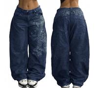 EMMIOL Damen Boyfriends Hip Hop 90er Jahre Vintage Baggy Jeans Loose Denim Hose Mid-Low Waist Jeans, Tiefblau-086, Groß