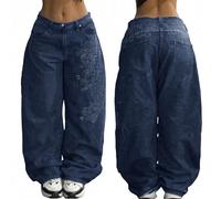 EMMIOL Damen Boyfriends Hip Hop 90er Jahre Vintage Baggy Jeans Loose Denim Hose Mid-Low Waist Jeans, Tiefblau-086, S