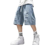 EMMIOL Y2k Baggy-Jeans-Shorts für Herren, Cargo-Hose, gerissene, elastische Taille, Herren-Denim-Shorts, bequem, lässig, Streetwear, Sommer, Hell, blau, 3X-Groß