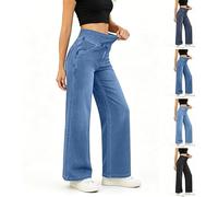 Emmoal Baggy Jeans Damen,Pull On Wide Leg Jeans Mit Gummibund High Waist Stretch,Weites Bein Jeans Damen Mit 4 Taschen