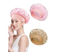 EMOTTOS 2 Stück Satin Bonnet für Frauen, Schlafhaube Haare Schützen, Weiche Silk Bonnet Sleep Cap, Seidenhaube Zum Schlafen, Bequeme Schlafmütze mit Gummiband, Haar Haube Zum Schlafen, Khaki, Rosa