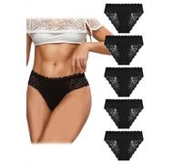 EMOTTOS 5er Pack Unterhosen Damen Hipster, Bequem Nahtlose Slips Spitze Damen, Atmungsaktiv Unterhosen Baumwolle Frauen, Durchbrochen Unterhose Frauen Spitze, Women Slips Mehrpack, Schwarz-B, L