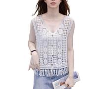 EMOTTOS Ärmellose Strickweste für Damen mit V-Ausschnitt, Gehäkelte Strickjacke mit Fransen am Saum, Knöpfe Sommer-Überwurf für Abendkleider und Cocktailkleider, Weiß, Einheitsgröße