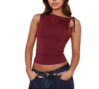 EMOTTOS Damen Asymmetrische Oberteil, Sexy Y2K Ärmellose Verstellbaren Riemen Plissee Tank Top, Slim Fit Schulterfreie T-Shirt, Enges Crop Tops für Party Clubbing, Rot, S