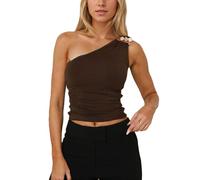 EMOTTOS Damen Bohemia Asymmetrische Oberteil, Sexy Y2K Ärmellose Gerüschte Crop Top, Slim Fit Schulterfreie T-Shirt mit S Dekorativer Schnalle für Party Clubbing Sommerkleidung, Braun, L