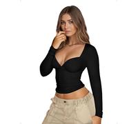 EMOTTOS Damen Crop Tops mit Deep V-Ausschnitt, Sexy Langarm T-Shirts Slim Fit Kurzes Basic Sweetwear, Y2K Enganliegend Clubwear Party Disco Outfit Herbst Winter Ausgehen Casual Tees, Schwarz, M