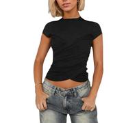 EMOTTOS Damen Crossover Wrap Crop Tops, Y2K Slim Fit Oberteil mit Asymmetrischer Saum, Enge Tshirts mit Rundhalsausschnitt Stylish Ausgehen Party Sommer Geteilter Top für Mädchen, Schwarz, S