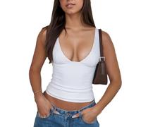 EMOTTOS Damen Deep V-Ausschnitt Rückenfreie Crop Tanktop, Stretchy Figurformender Sexy Tief Ausschnitt Ärmellose Träger Bauchfreie Tops, Leichtes Clubwear für Sommer Party Top, Weiß, L