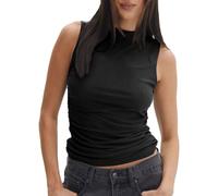 EMOTTOS Damen Doppellagiges Mesh-Top aus Spitze, Gerafftes Halbhohes Hemd, ärmelloses Slim-Fit T-Shirt mit Gerüschtem Saum für Party Tops zum Ausgehen, Schwarz, XL