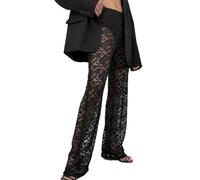EMOTTOS Damen Durchsichtige Spitzenhose, Y2K Hohe Taille Gerades Bein Hose mit Crochet Blumenmuster, Elastischer Bund Mesh Streethose für Nightclub Clubbing Party, Schwarz, L