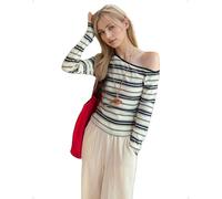 EMOTTOS Damen Eng Off Shoulder Gestreiftes Crop Top, Slim Fit Langarm Ringelshirt Oberteil, Y2K Rundhalsausschnitt T-Shirt Casual Outfit Frauen Ausgehen Herbst Winter Tee, Beige, M