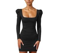 EMOTTOS Damen Enges Minikleid, Wickel Bodycon Kleid mit Puffärmeln, Elegante Rückenfreie Cocktailkleider mit U-Ausschnitt, Figurbetontes Kleid für Party Cocktail Clubbing, Schwarz, M