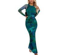 EMOTTOS Damen Floral Print Maxi Kleid, Boho Split Bottom Langes Kleid, Damen Slim Fit Geraffte Taille Kleid, Lange Wickelkleider für Damen Party Festlich, Grün, L