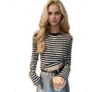EMOTTOS Damen Gestreiftes Crop Top, Slim Fit Langarm Ringelshirt Oberteil, Y2K Enger Rundhalsausschnitt T-Shirt Casual Niedliches Outfit Frauen Ausgehen Herbst Winter Tee Tops, Schwarz, L