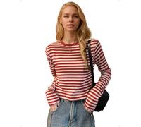 EMOTTOS Damen Gestreiftes Crop Top, Slim Fit Langarm Ringelshirt Oberteil, Y2K Enger Rundhalsausschnitt T-Shirt Casual Niedliches Outfit Frauen Ausgehen Herbst Winter Tee Tops, Rot, XL