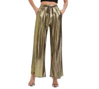 EMOTTOS Damen Glänzend Metallic Hose, Pailletten Weites Bein Hohe Taille Streetwear mit Gummibund, Mode Holographische Farbe Locker Hose mit Taschen für Nachtclub Party, Gold, M