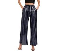 EMOTTOS Damen Glänzend Metallic Hose, Pailletten Weites Bein Hohe Taille Streetwear mit Gummibund, Mode Holographische Farbe Locker Hose mit Taschen für Nachtclub Party, Schwarz, M