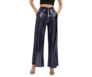 EMOTTOS Damen Glänzend Metallic Hose, Pailletten Weites Bein Hohe Taille Streetwear mit Gummibund, Mode Holographische Farbe Locker Hose mit Taschen für Nachtclub Party, Schwarz, M