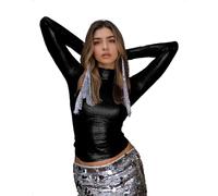 EMOTTOS Damen Glitzer Oberteil Crop Top, Sexy Metallic Langarm T-Shirt Enganliegend, Y2K Pailletten Stehkragen Bauchfrei Festival Party Karneval Clubwear Herbst Winter Ausgeh, Schwarz, M