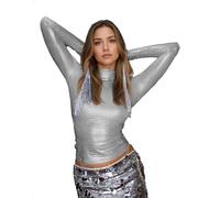 EMOTTOS Damen Glitzer Oberteil Crop Top, Sexy Metallic Langarm T-Shirt Enganliegend, Y2K Pailletten Stehkragen Bauchfrei Festival Party Karneval Clubwear Herbst Winter Ausgeh, Silber, S