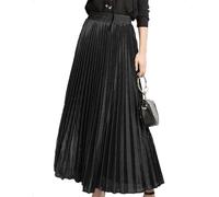 EMOTTOS Damen Herbst Winter Maxi Metallisch Rock, A-Linie Glänzendem Plisseerock mit Elastischer Hohe Taille, Elegant Casual Lang Skirt für Party Hochzeit Büro, Schwarz, One Size