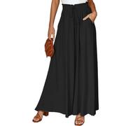 EMOTTOS Damen Hosen Weite Sommer, Palazzo Hose Hohe Taille mit Tunnelzug mit Taschen, Hose Baggy Sommerhose Weite Leg Elastische Einfarbig für Damen Frauen, Schwarz L