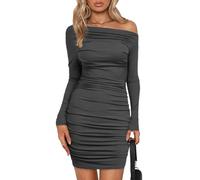 EMOTTOS Damen Hüftbetonte Minikleider, Schulterfreies Plissee-Kleid mit Kordelzug/Quadratischer Halsausschnitt mit Samtrüsche und Langen Ärmeln, Gerüschtes Bodycon Wickelkleid (Grau, L)