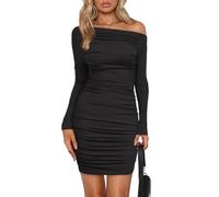 EMOTTOS Damen Hüftbetonte Minikleider, Schulterfreies Plissee-Kleid mit Kordelzug/Quadratischer Halsausschnitt mit Samtrüsche und Langen Ärmeln, Gerüschtes Bodycon Wickelkleid (Schwarz, L)