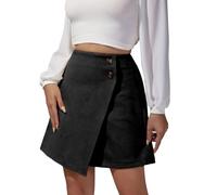 EMOTTOS Damen Kunst Wildleder Kurzer Rock, Wrap Asymmetrischer High Waisted Eng Bleistiftrock Lederrock Dame, Lässiger A-Linien Reißverschluss Knopf Verzierung Kunstleder Mini Skirt, S, Schwarz