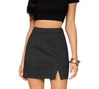 EMOTTOS Damen Kunst Wildleder Kurzer Rock, Wrap Hip Rock mit Schlitz High Waist Eng Bleistiftrock Lederrock Dame, A-Linie Lässiger Kunstleder Mini Skirt mit Reißverschluss, S, Schwarz