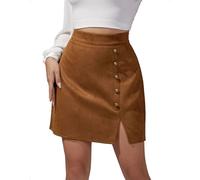 EMOTTOS Damen Kunst Wildleder Minirock, Sexy Wickelrock Hohe Taille Schlitz, Kurzer Rock A-Linie Lässig Reißverschluss Dekorative Metallknöpfe Kunstleder Minirocks Party Festival, S, Braun