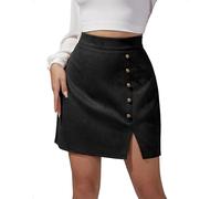 EMOTTOS Damen Kunst Wildleder Minirock, Sexy Wickelrock Hohe Taille Schlitz, Kurzer Rock A-Linie Lässig Reißverschluss Dekorative Metallknöpfe Kunstleder Minirocks Party Festival, L, Schwarz
