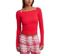 EMOTTOS Damen Langärmeliges Enge T-Shirt mit Rundhals, Oberteil Shirts Basic Casual Longshirt mit Dekorativen Bowknot, Rundhalsausschnitt Oberteile fur Damen, Rot, S