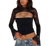 EMOTTOS Damen Langarm Oberteil, Sexy Tops Spitzen Durchsichtige Rundhals Ausschnitt Hinten Glockärmeln, Y2K Crop Top T-Shirt Elastisch und Figurbetont Elegantes Langarmshirt für Party, Schwarz, S