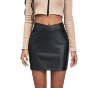 EMOTTOS Damen Leder Kurzer Rock, Wrap Hip V-Waist und Nabel-Blick Lederrock Damen, High Waisted Tight PU Sexy Mini Skirt, A-Linie Lässiger Lederimitat Minirock mit Reißverschluss, L, Schwarz