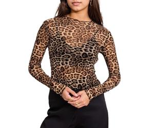 EMOTTOS Damen Leopardenmuster Durchsichtige Netzoberteil, Sexy Y2K Rundhals Oberteil mit Animal Muster Shirt, Damen Slim Fit Mesh Tops Ausgehen Clubbing Party Enges T-Shirt für Mädchen, Schwarz, L
