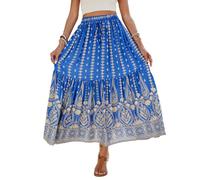 EMOTTOS Damen Maxi Rock Sommer, Boho Rock Hoch Elastische Taille Locker Plissee Saum Long Skirt, A Line Bohème Vintage Printed Strand Dekorative Kordel, Maxi Lang Flowy Elegant Rüschen, Blau, XL
