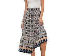 EMOTTOS Damen Maxi Rock Sommer, Boho Rock Hoch Elastische Taille Locker Plissee Saum Long Skirt, Bohème A Line Vintage Printed Strand Dekorative Kordel Maxi Lang Flowy Elegant Rüschen, Blau, M