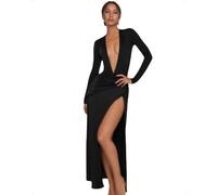 EMOTTOS Damen-Maxikleid mit Tiefem V-Ausschnitt, Sexy Langärmeliges Elegantes Kleid mit Hohem Schlitz, Schmal Geschnittenes Cocktail-Abendkleid für Clubpartys, Schwarz, S