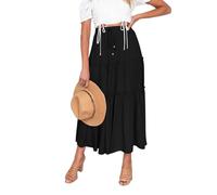 EMOTTOS Damen Maxirock Langer Rock, Boho Plisseerock Maxi Skirt Hohe Taille Faltenrock Elastische Taille mit Kordelzug, Hippie Rock Lang Rüschensaum Renaissance A-Linie Sommerrock Elegant, Schwarz XL