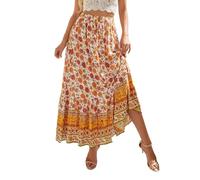 EMOTTOS Damen Maxirock Langer Rock, Boho Plisseerock Maxi Skirt Hohe Taille Geblümter Faltenrock Elastische Taille, Hippie Rock Lang Rüschensaum Renaissance Rock A-Linie Sommerrock Elegant, Gelb XL